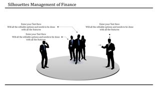 Silhouettes of business professionals on a gray circular platform, with arrows pointing to caption areas.