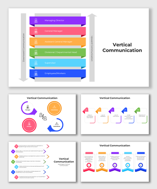 Infographic illustrating vertical communication flow between organizational levels with color-coded hierarchy.