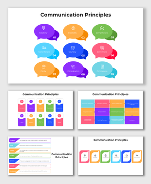 Presentation slides illustrating fundamental principles of effective communication with structured visuals.