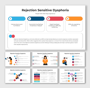 Infographic on rejection sensitive dysphoria with key symptoms, emotional responses, and coping strategies.
