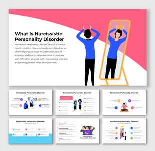Illustrated slides explaining Narcissistic Personality Disorder with symptoms and behavioral traits.