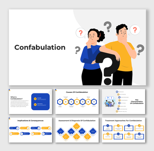 Educational presentation on confabulation with visual explanations of causes, assessment, and key characteristics.