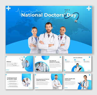 Doctors in white coats smiling against a blue background, celebrating National Doctors' Day.