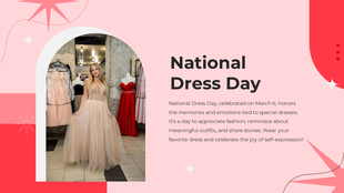 Woman in an elegant gown celebrating National Dress Day with stylish dresses displayed in the background.
