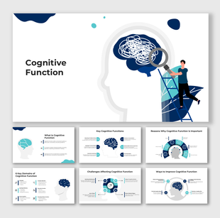 Cognitive function infographic with brain illustration, magnifying glass, and labeled slide placeholders.
