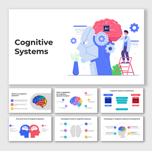 Cognitive systems presentation with AI brain illustration, robot head, and infographic slide placeholders.
