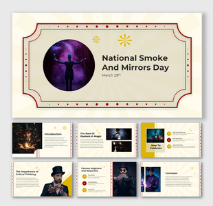 National Smoke and Mirrors Day slides with magician visuals, illusion graphics, and celebration tips layout.