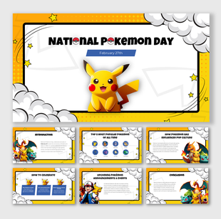 National Pokemon Day slides with Pikachu, bold comic style, and placeholders for popular characters and event details.