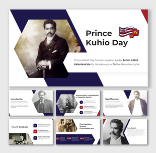 Prince Kuhio Day template featuring historical imagery, bold colors, and sections for tribute and legacy content.