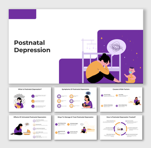 Illustrated slides on Postnatal Depression showing parenting stress, emotional graphics, and labeled treatment steps.