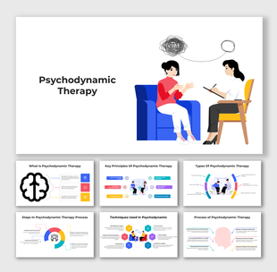 Presentation visuals for Psychodynamic Therapy with cartoon figures, key concepts, and therapy process flow graphics.