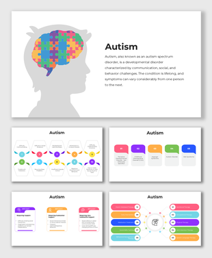 Silhouette of a child with puzzle brain graphic featured in autism slide layout with therapy and symptom placeholders.
