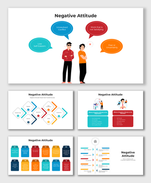 Negative attitude slides featuring characters, speech bubbles, and colorful infographic layouts.