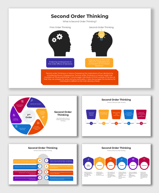 Second order thinking slides with head icons, decision diagrams, and colorful strategy infographics.