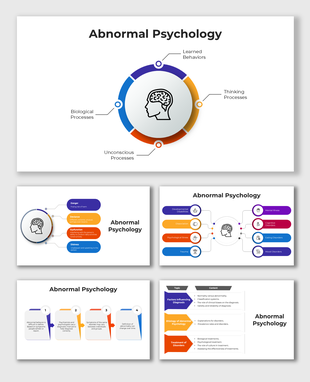 Abnormal psychology slides with brain icons, circular diagrams, and colorful mental health visuals.