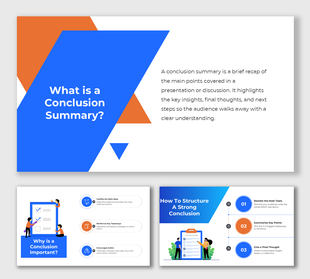 Conclusion summary slides with diagrams, icons, and tips for structuring effective presentation closings.