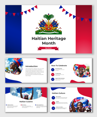 Haitian Heritage Month slides with flag elements, celebration photos, and colorful cultural sections.