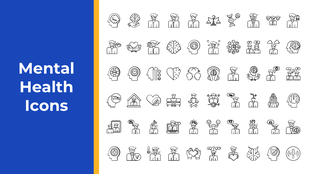 Mental health icons set in outlined style featuring therapy, mindfulness, emotions, and wellness concepts.