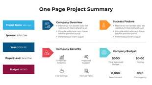 One page project summary with labeled sections for project name, budget, benefits, and success factors.