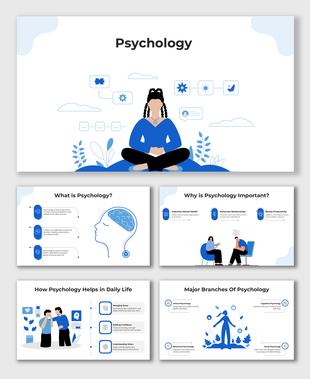 Psychology presentation template with illustrations of mental health, therapy, and psychological concepts.
