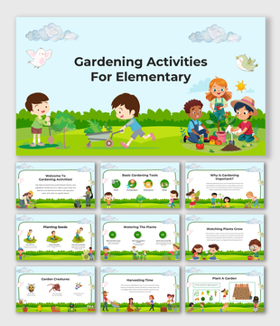 Illustrated gardening slides for elementary students with kids planting, watering, and exploring nature.