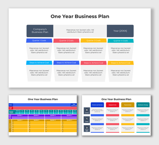 One Year Business Plan layout with quarterly goals and steps to achieve them in editable color-coded sections.