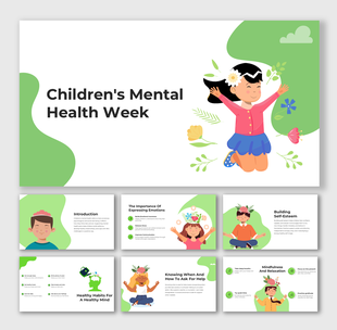 Children's Mental Health Week PowerPoint with cartoon characters, green accents, and placeholder content blocks.