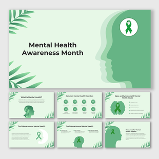 Mental Health Awareness Month slide with green silhouettes, ribbon icon, and placeholder wellness content.