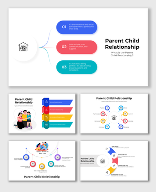Parent Child Relationship slides with icons, infographic elements, and colorful tips for building connection.