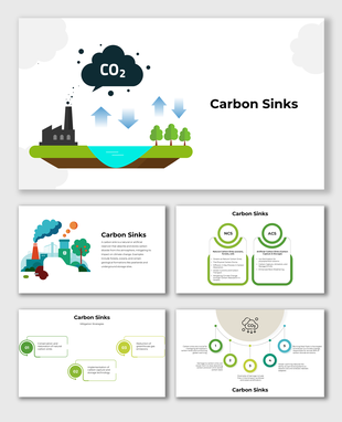 A carbon sinks infographic with illustrated factories, trees, CO₂ emissions, and structured placeholders.