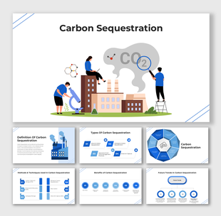 A carbon sequestration infographic with illustrated scientists, CO₂ emissions, and structured placeholders.