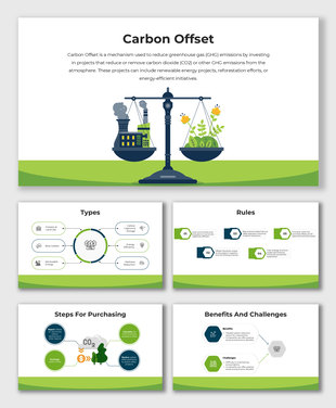 A carbon offset infographic with a balanced scale, factory emissions, greenery, and structured placeholders.