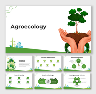 Slide deck on agroecology featuring environmental graphics, clean sections, and placeholder areas for content.