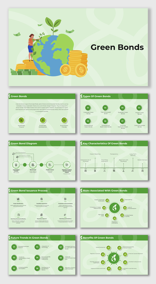 Eco-finance themed green bonds presentation with coin stacks, green elements, and organized slide structure.