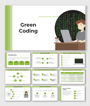 Presentation on green coding featuring coding visuals, green accents, and structured content placeholders.