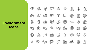 Environment icons set with eco-friendly symbols like plants, recycling, energy, and sustainability in a grid layout.