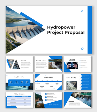 Hydropower project proposal slides with dam visuals, timeline, pricing table, and project overview layout.
