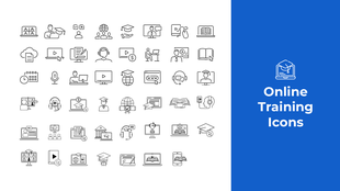 Online training icons set with visuals of laptops, headsets, play buttons, and graduation caps in a grid layout.