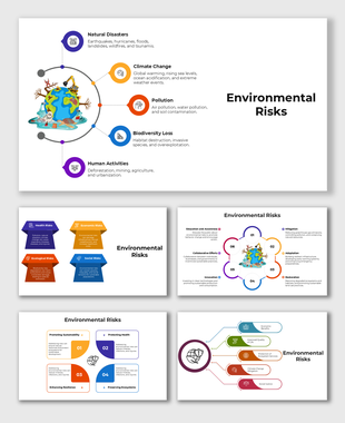 Illustrated environmental risks showing natural disasters, pollution, and climate change impacts around the earth.