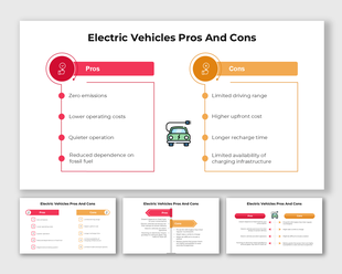 Electric Vehicles Pros and Cons infographic showing benefits, challenges, and a central EV charging icon.
