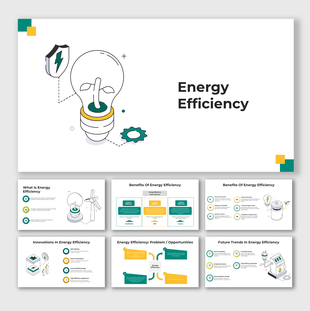 Energy Efficiency infographic with light bulb and green icons showing innovations, benefits, challenges, and future trends.
