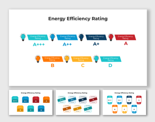 Energy Efficiency Rating infographic with colorful labels and light bulb icons showing ratings from A+++ to D.