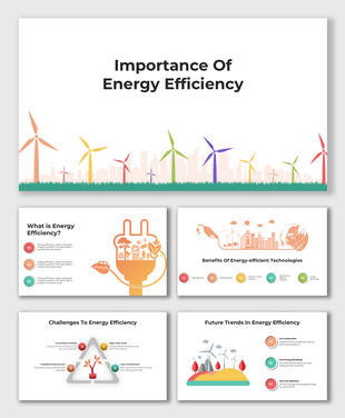 Importance of Energy Efficiency infographic with colorful wind turbines, eco-friendly visuals, and future trends overview.