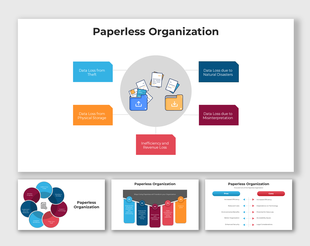 Paperless Organization infographic with colorful icons highlighting data loss risks, benefits, and digital transformation.