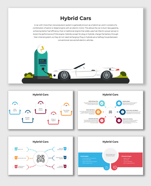 Hybrid Cars infographic with charging station, white car, and colorful visuals explaining types, pros, and cons.