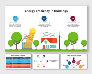 Energy Efficiency in Buildings infographic showing solar panels, wind turbines, and smart energy-saving solutions.