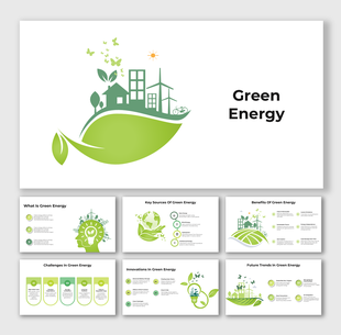 Green Energy infographic with leaf, wind turbines, and eco-city visuals representing clean power and sustainability.