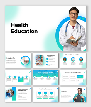 Health education slides featuring doctor visuals, hygiene tips, and mental health awareness with modern gradient design.