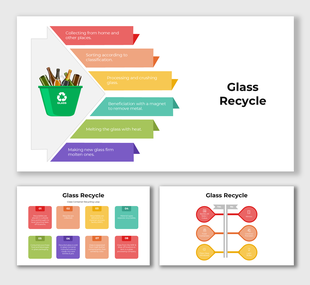 Illustration showing step-by-step process of glass recycling with colorful banners and a green bin of bottles.