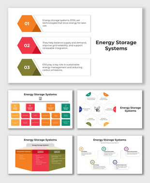 Infographic showing types and benefits of energy storage systems with icons and application categories.